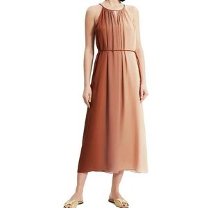 Theory women’s Dip Dye Crepe Silk Halter Maxi Dress Large Shell/Red Clay